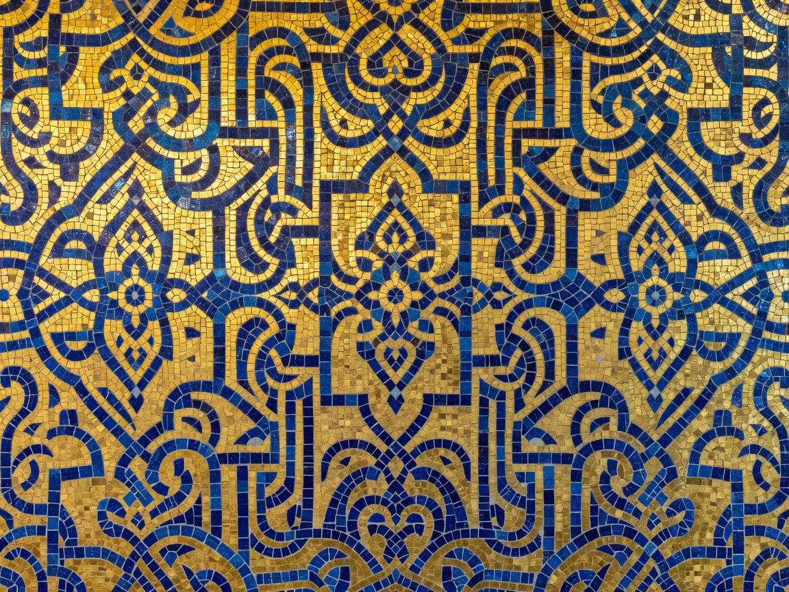 Exquisite gold and blue ancient mosaic detailed patterns matching Arabic architectural styles