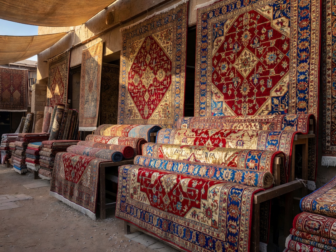 Richly hand-woven silk carpets with intricate red, blue, and gold geometric details on display