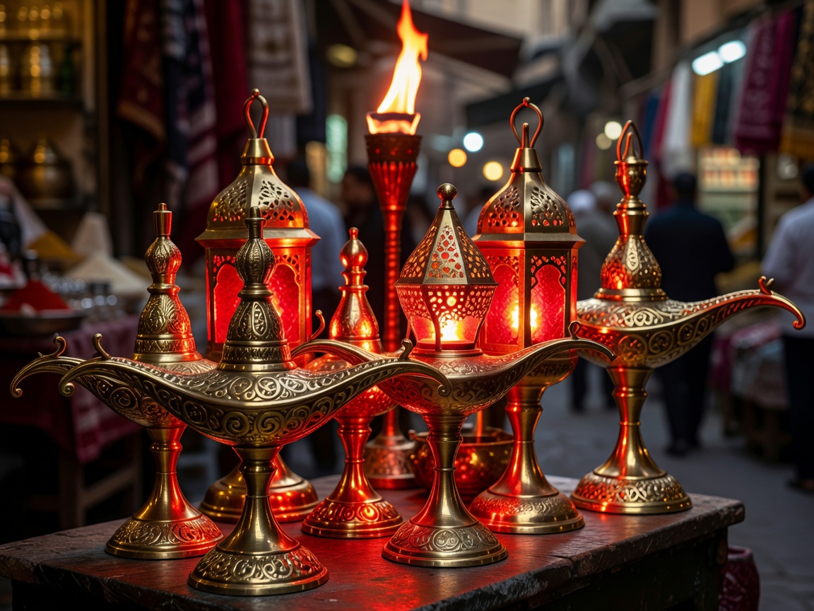 Ornate gold and brass oil lamps reflecting dynamic red and gold lighting inside the market stalls