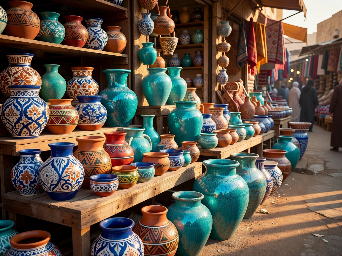 Exotic hand-painted clay pottery and turquoise urns on display inside the grand market