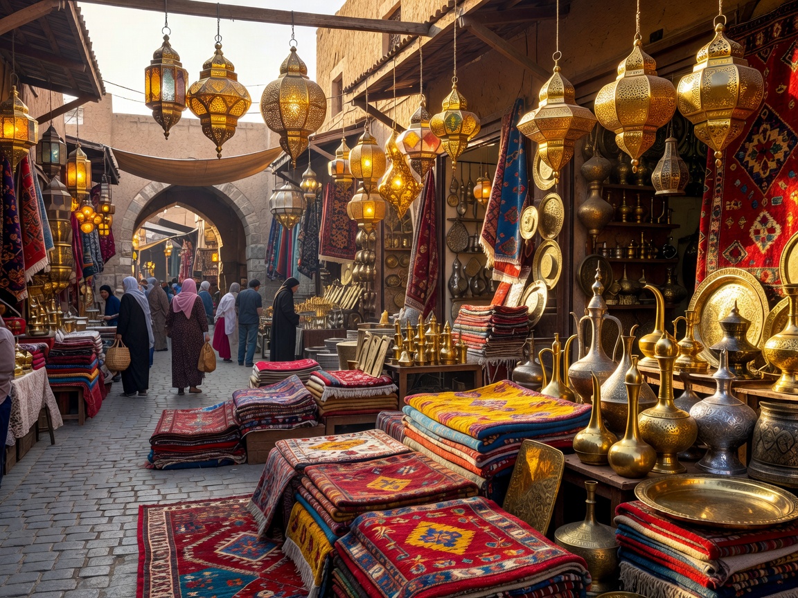 Vibrant marketplace scene with golden lanterns, rugs, and intricate brass crafts