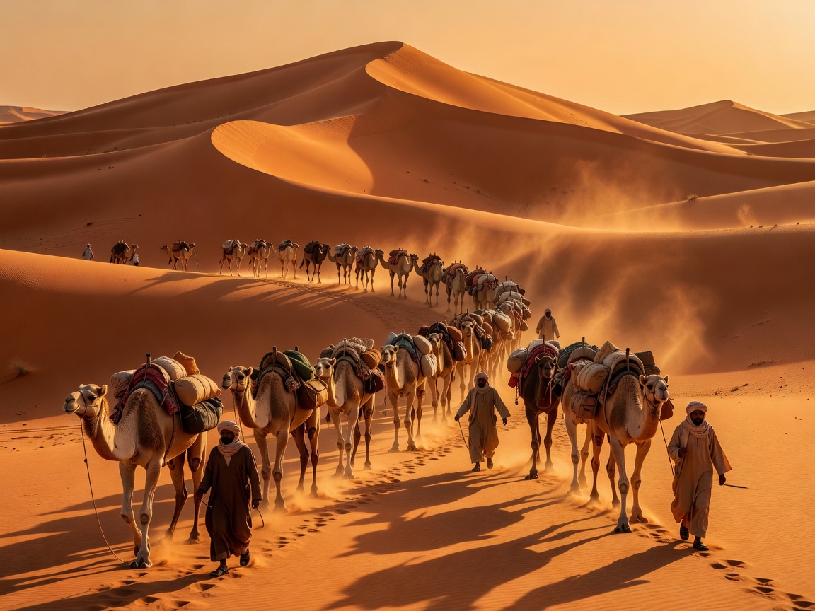 A camel trade caravan travelling across the high orange sand dunes
