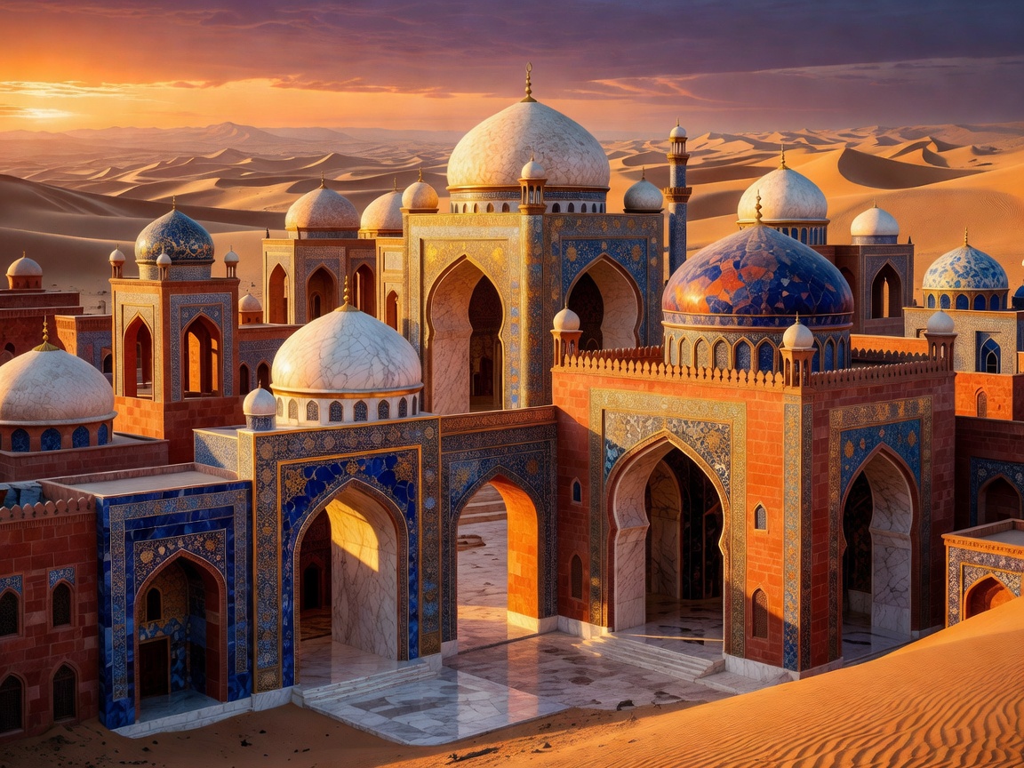 Richly colored luxury skyline of an ancient desert city capital featuring domes and archways
