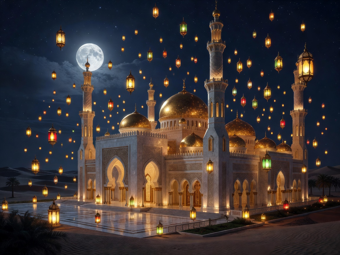 Cinematic Arabian palace glowing under moonlight with magnificent gold domes and floating lanterns