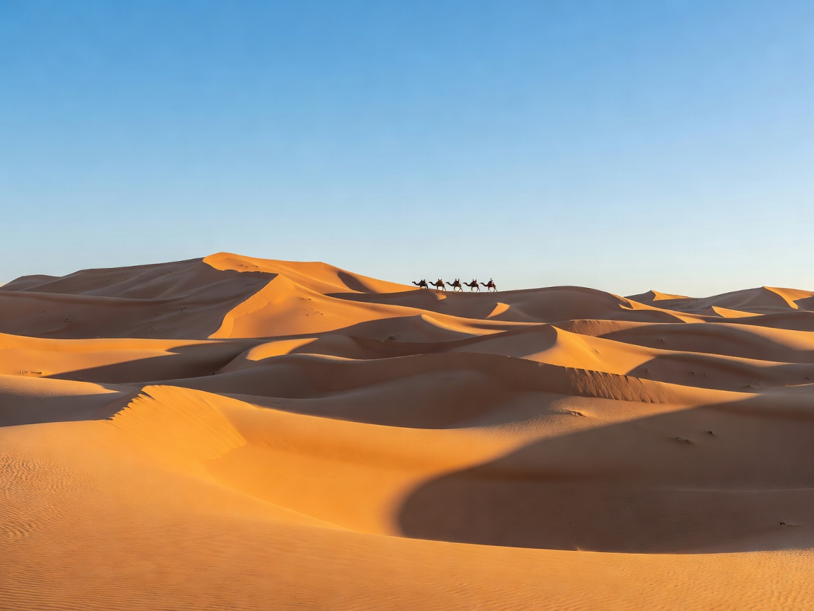Rolling orange sand dunes under a clear blue sky with a camel caravan silhouette