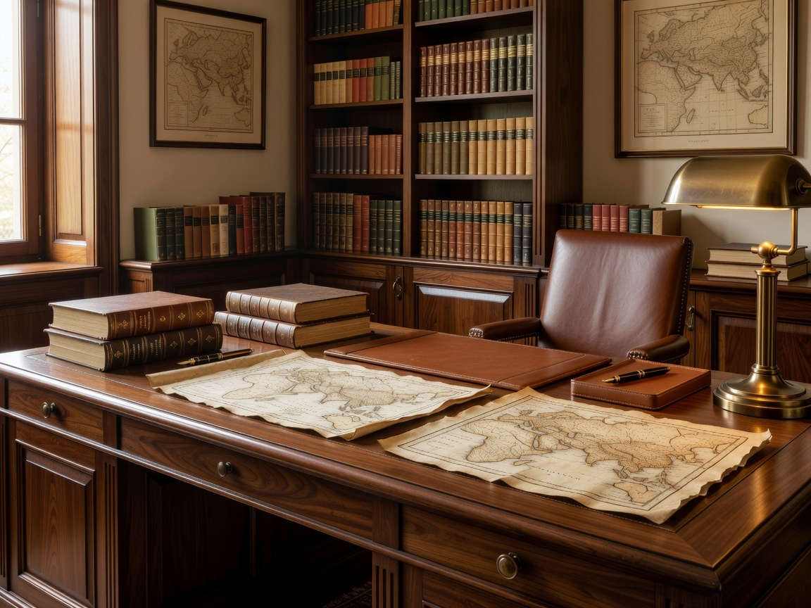 A high-end editorial desk with books on Middle Eastern history and ancient maps