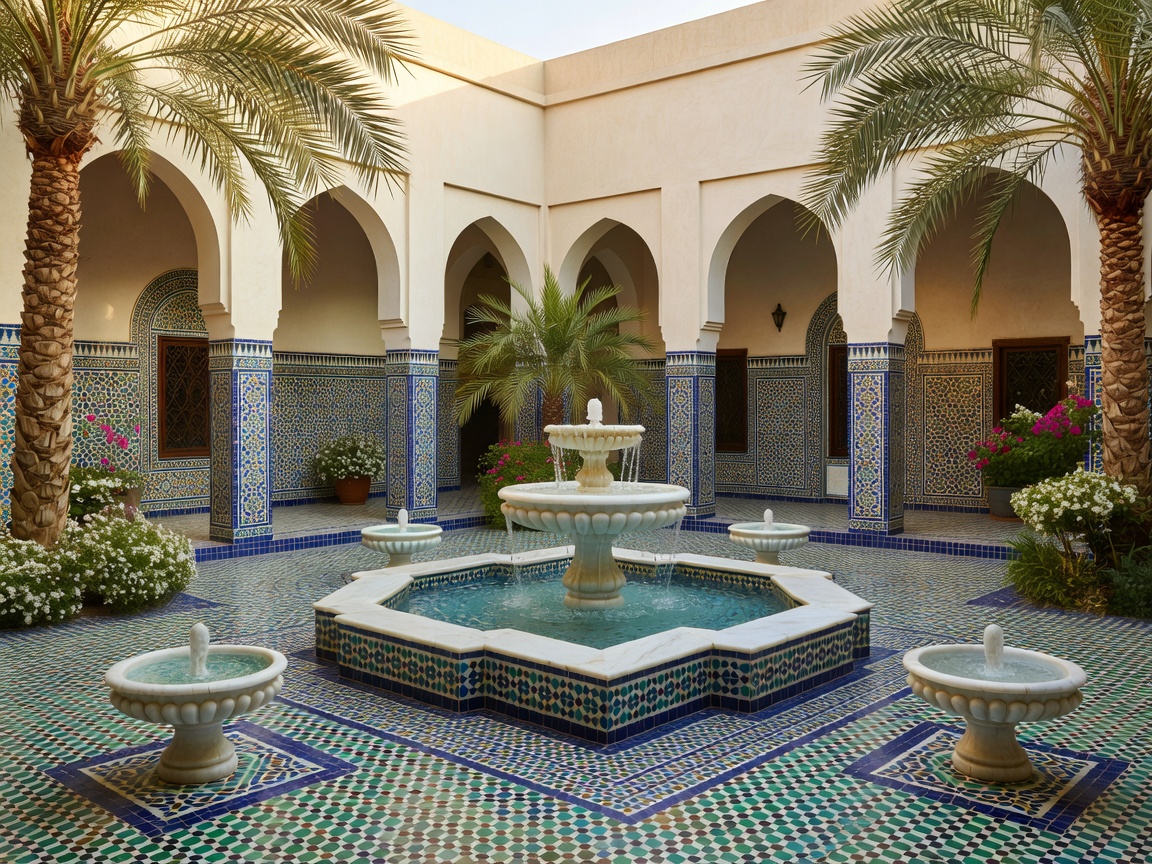 Inner courtyard of an Arabian villa featuring hand-painted tiles and pristine water fountains