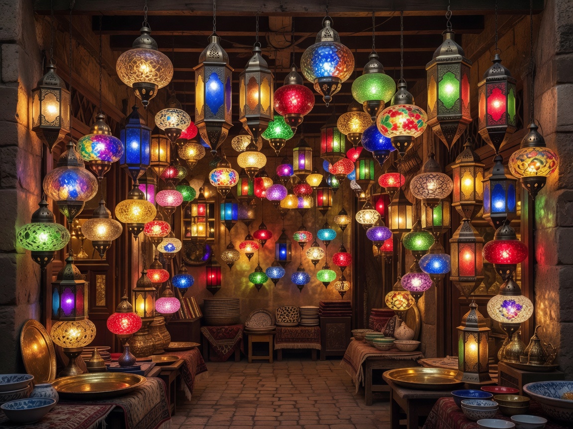 A dense array of illuminated colored glass lanterns inside a bazaar shop