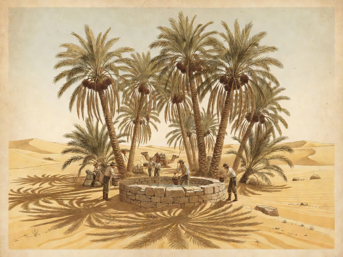 Beautiful historic drawings showing date palms surrounding a desert water well oasis