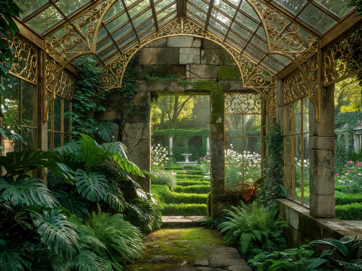 Rich green botanical greenhouse inside an ancient palace frame with elegant gold lattices