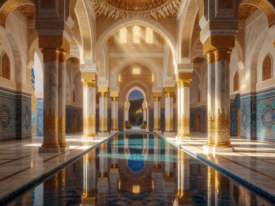 Glorious inner hall of an Arabian palace with glowing golden pillars and reflecting pool